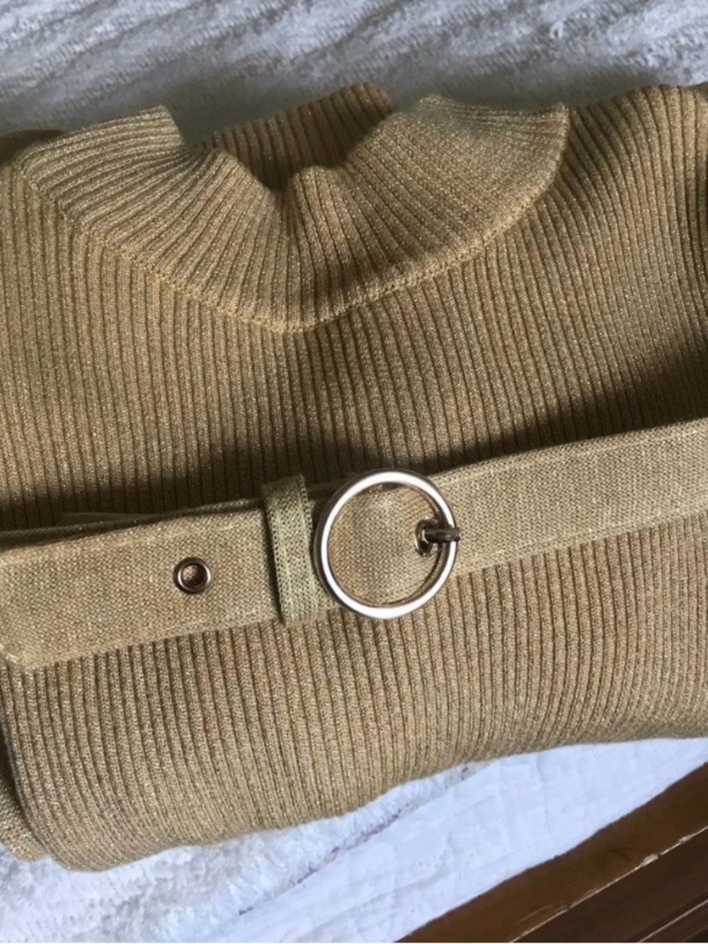 Free People Ribbed Turtleneck Sweater with Ring-Buckle Belt - Gold/ Tan